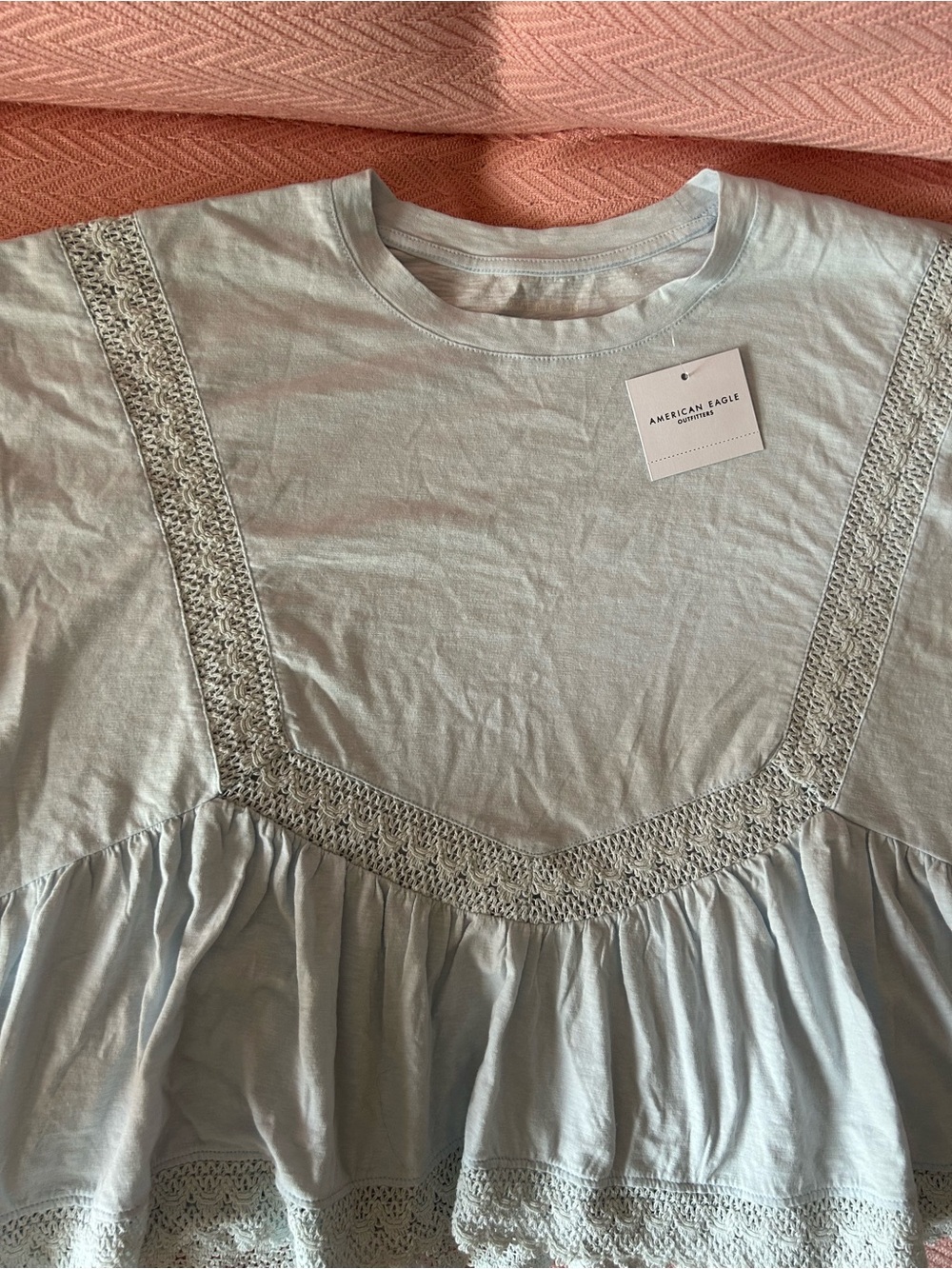 American Eagle Aerie Light Blue Crochet Trim Peplum Top